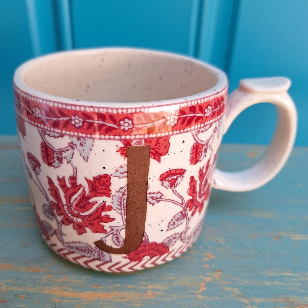 J Mug Anthropologie Coffee Cup Vintage Mugs Pink Ornate Speckled Stone